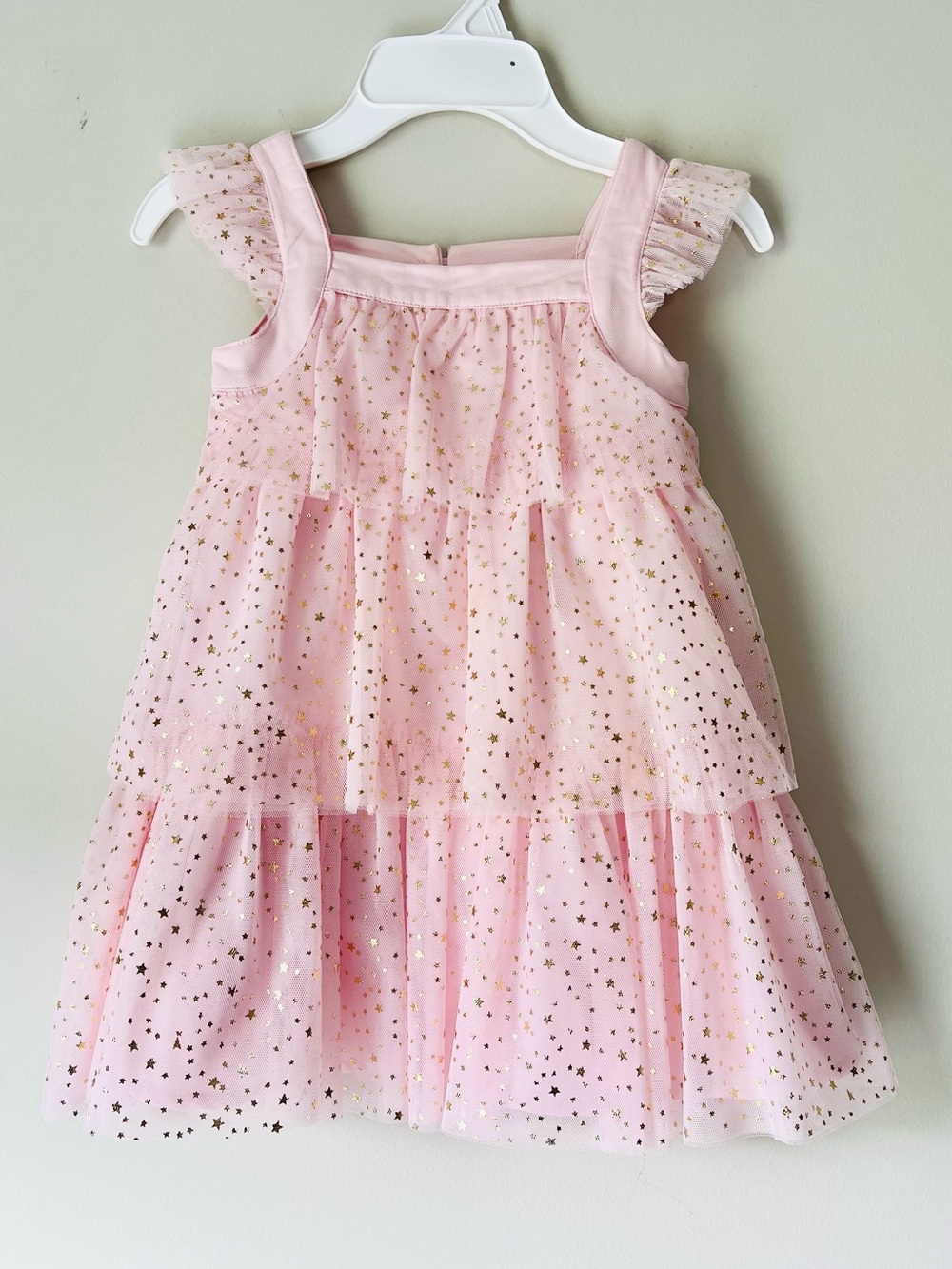 Rachel Zoe Toddler Girl Pink Gold Star Flutter Sleeve Tulle Tiered Dress Sz 3T